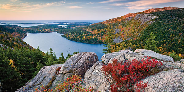 Summer in Maine - Sunrise at Jordon Pond View from North Bubble at Acadia National Park - Photo Credit ME Office of Tourism